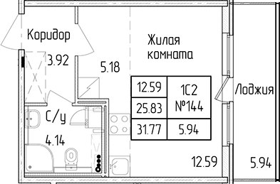 Квартира студия 25.83 м², 1/4 эт., ЖК «Любоград в Стрельне»
